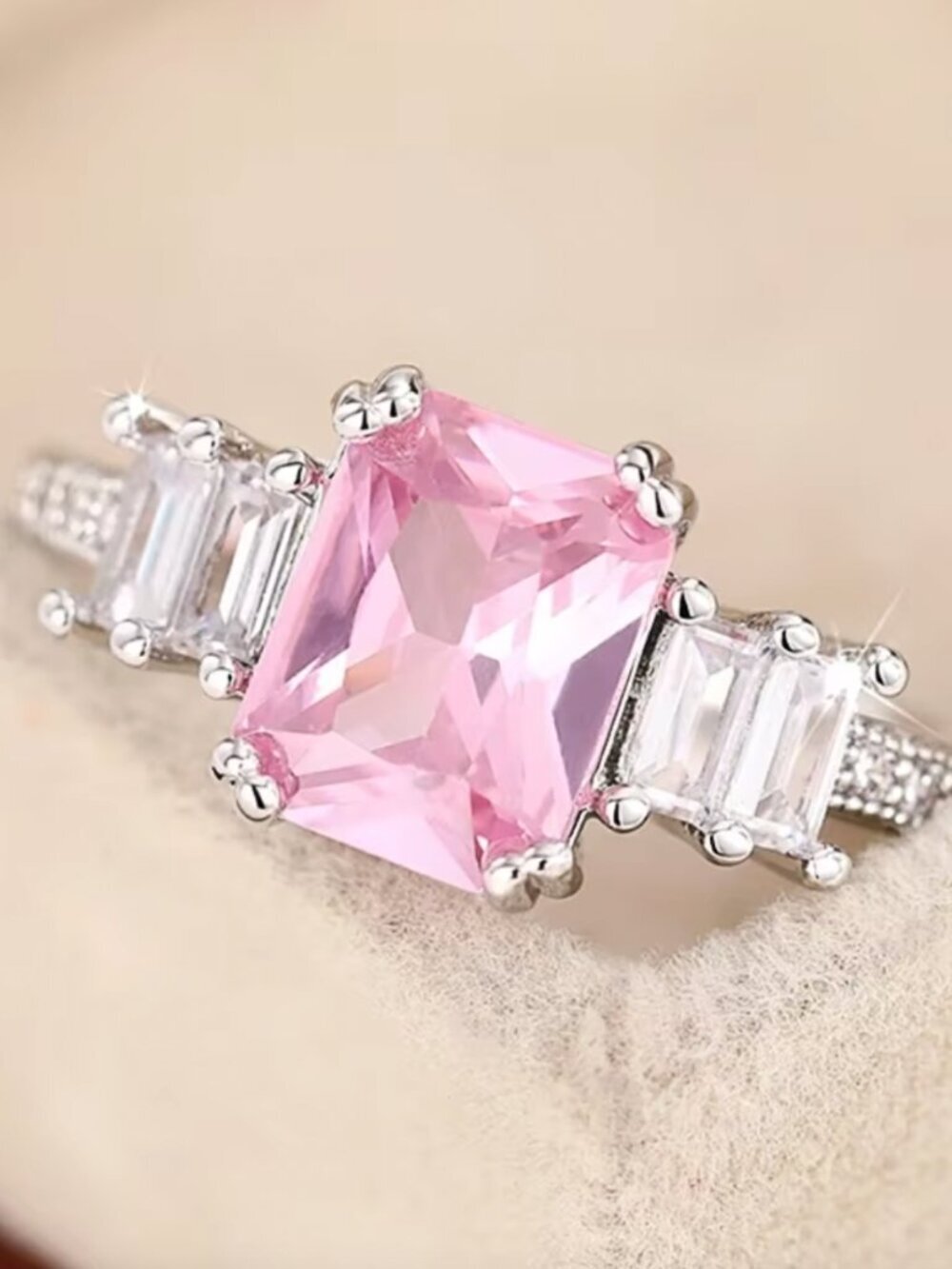 18k White Gold Pink Sapphire Diamond Ring Band Emerald Cut Ring